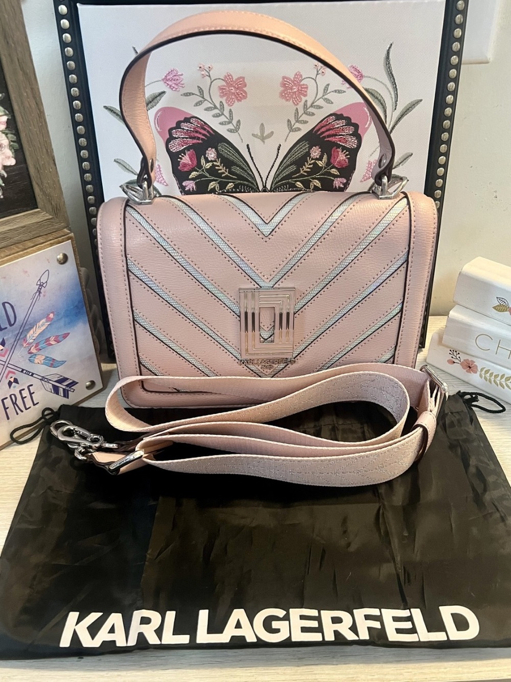 Karl Lagerfeld Paris Blush Pink Leather Chevron Top Handle Crossbody Bag EUC